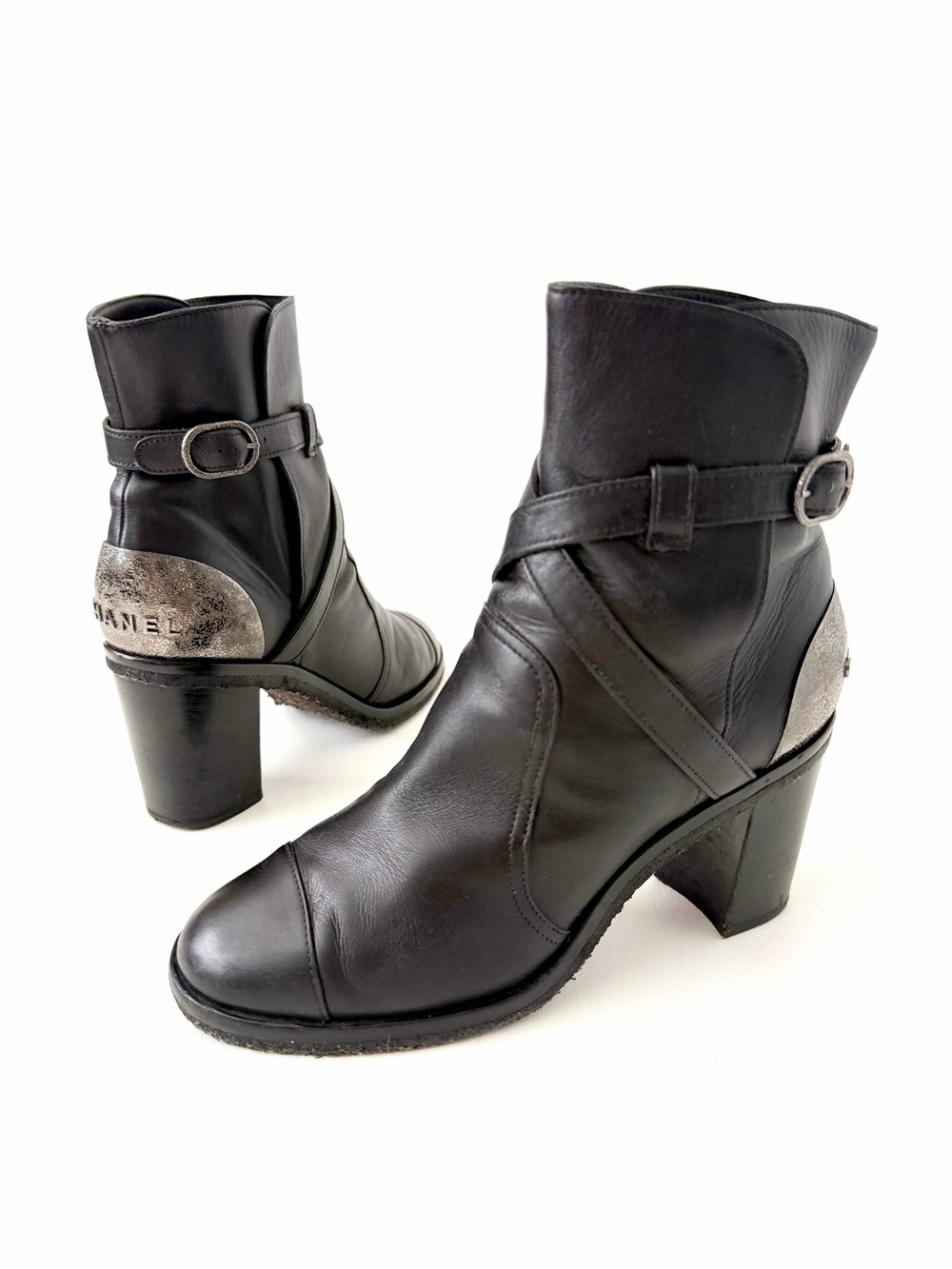 CHANEL | Black Leather Silver CC Heel Buckle Ankle Boots Block Heel EU 39